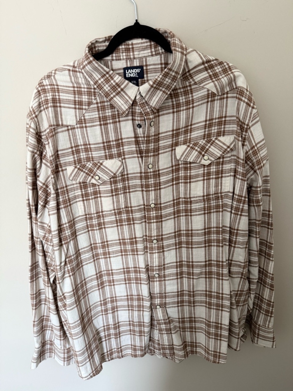 Lands' End Men's XXL Brown Plaid Button-Down Western Shirt Lightweight Flannel